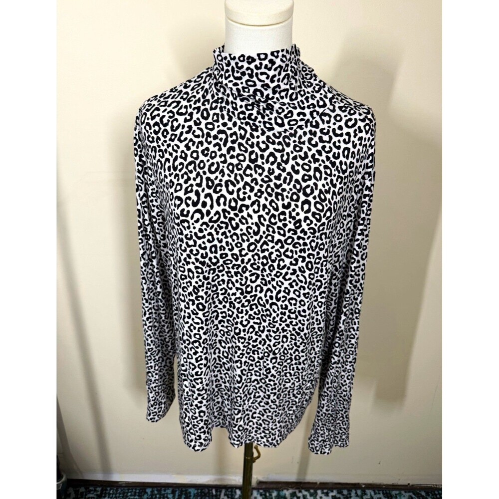Ann Taylor Womens Top XXL Black White Leopard Animal Print Mock Neck NEW  367